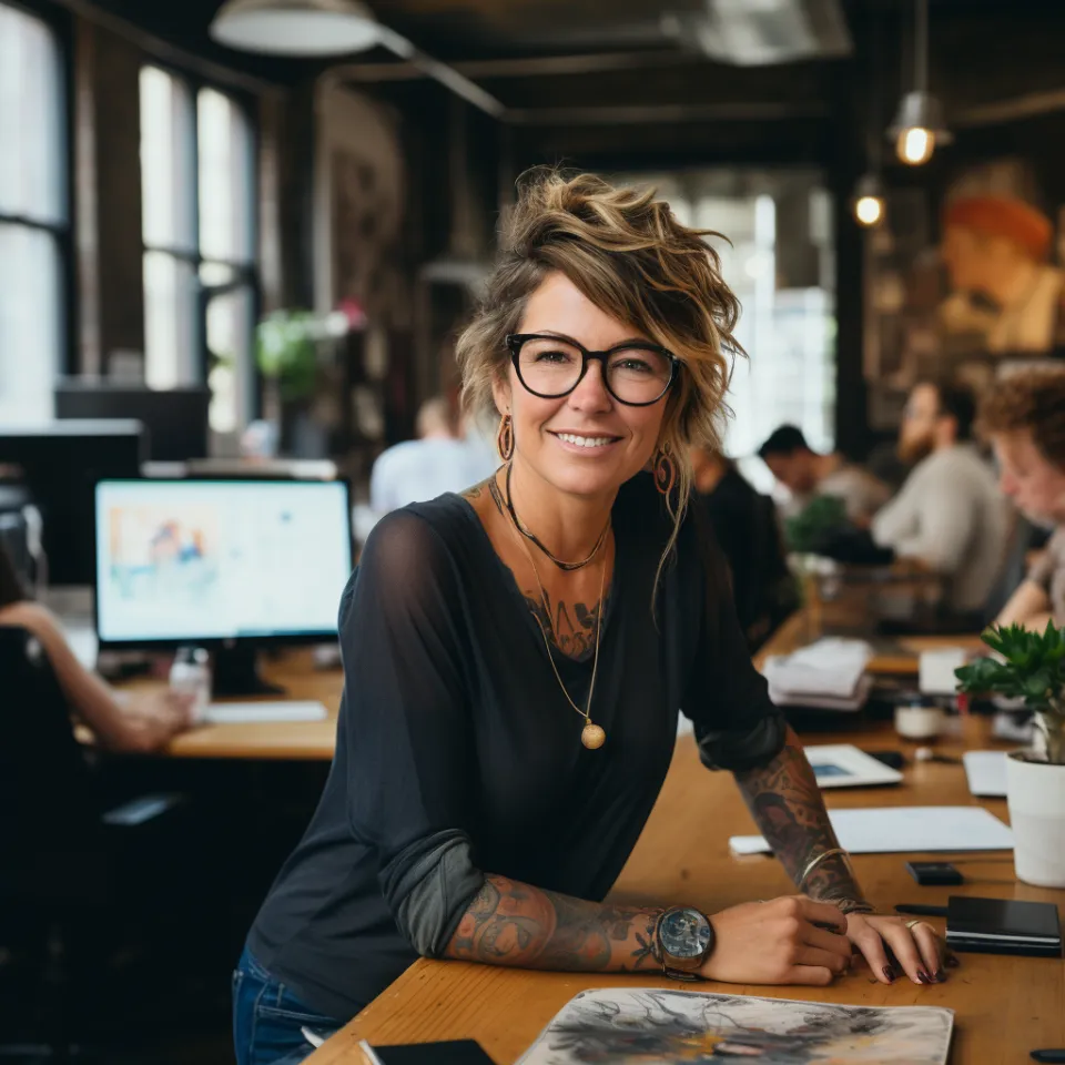 Foto de Ana Martins sorrindo no escritório